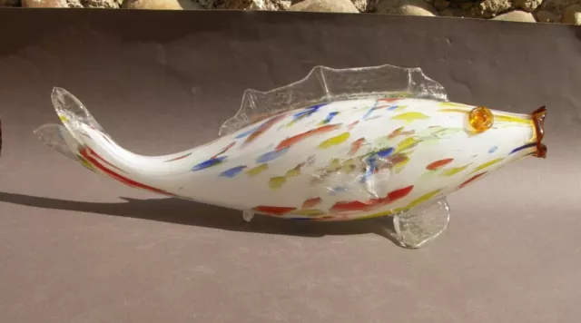 Grand poisson 45 cm en verre soufflé de Murano Arlequin vintage ancien cristal