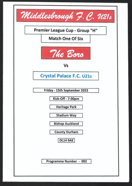 MIDDLESBROUGH U21s v CRYSTAL PALACE U21s 15.09.23 PREMIER LEAGUE CUP