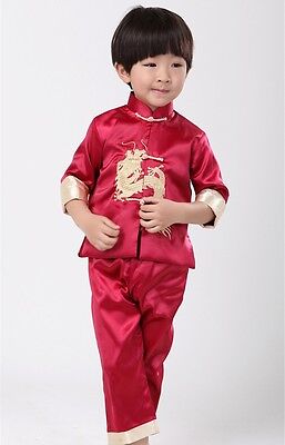 NUOVO Ragazzo Rosso Blu Drago cinese Kung Fu Giacca Pantaloni Tuta Capodanno Costume Set 3