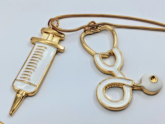 Doctors Medical Stethoscope and Syringe Necklace Gold Color Metal Pendant New