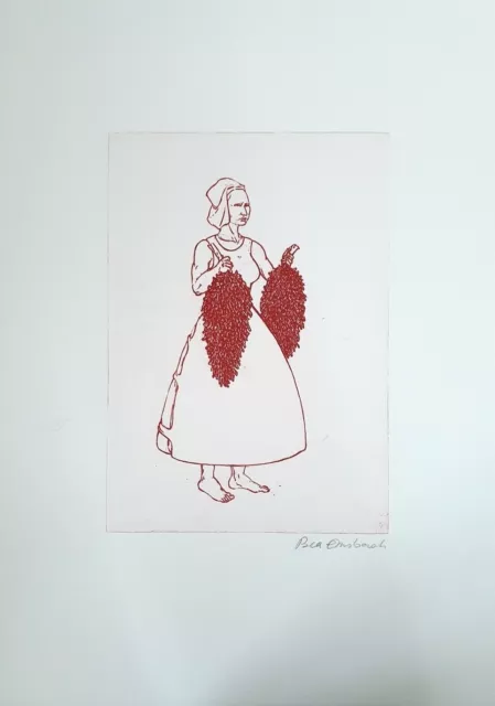 Grafik, Print, Bea Emsbach "Rote Frau mit zwei Büscheln", Radierung, signiert