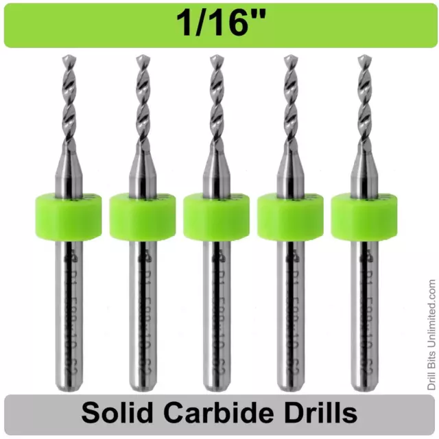 1/16" .0625" Carbide Drill Bit 1/8" Shank FIVE Pieces - Premium Carbide Drills