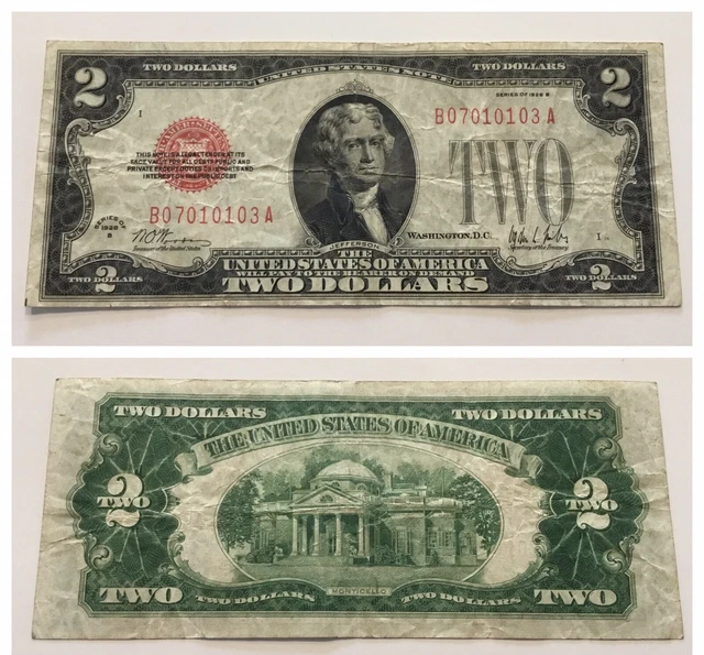 Vintage Rare 1928-B $2 United States Note Two Dollar Bill Jefferson Red Seal Usn