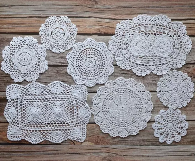 8 Hand Crochet White Lace Doilies Lot for Tables Coasters Dresser Runners