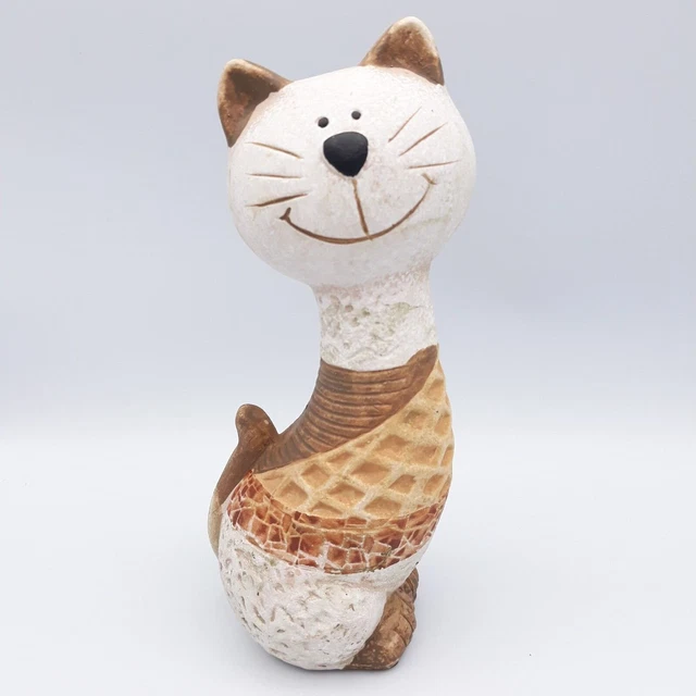 Vintage Brown White Long Necked Cat Ornament, Smiling Kitten Cute Kitsch Gift