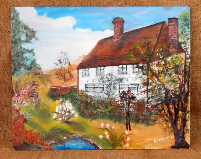 Vintage Oil on Board Painting Naive Folk Art Country Cottage Primitive Art