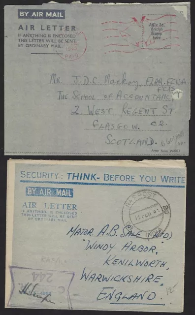 Uk Gb India British Army 1945 Two British Po Air Letter Rafpost India & Postag