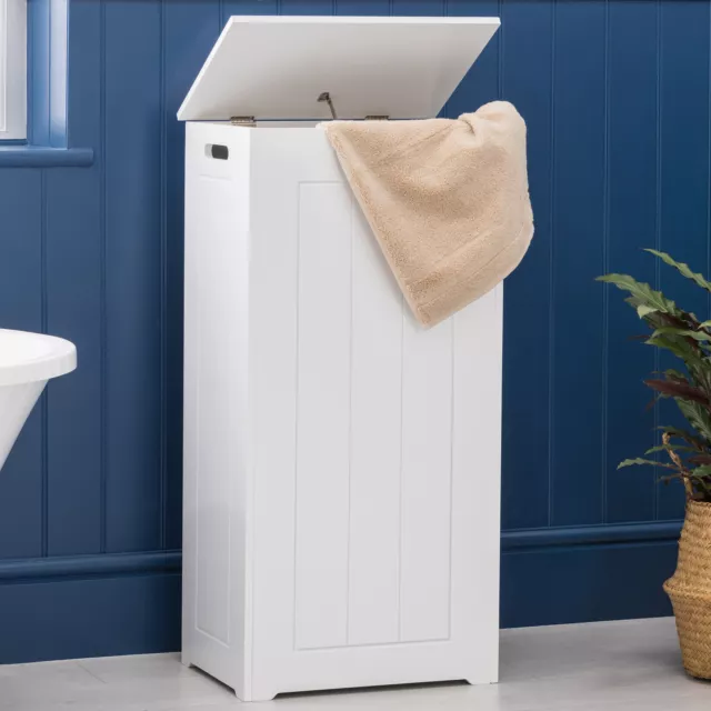 White Laundry Box Wooden Bathroom Storage Basket Linen Clothes Cabinet Christow