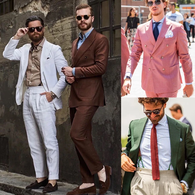 Linen Men's Suits Casual Peaked Lapel Double Breasted 2 Pieces Wedding Tuxedos