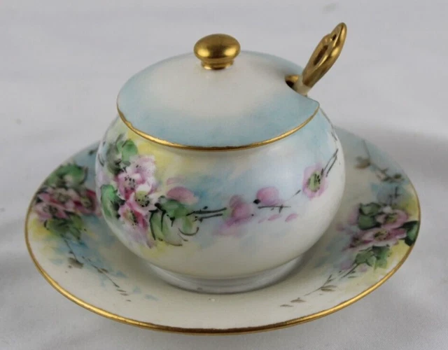T&V Limoges  Mustard Pot with Spoon and Handl Painted Flowers