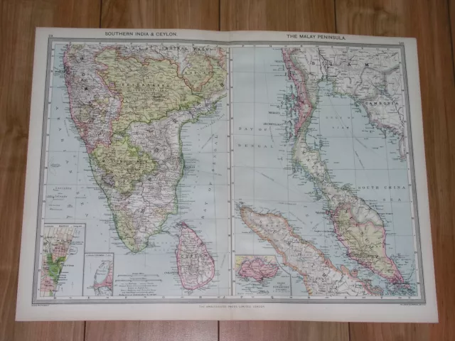 1908 Antique Map Of Malay Peninsula Thailand Malaysia Singapore / Southern India