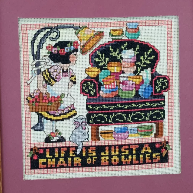 Vintage 9 x 11 Framed Cross Stitched Life is Just a Chair of Bowlies Girl w Cat