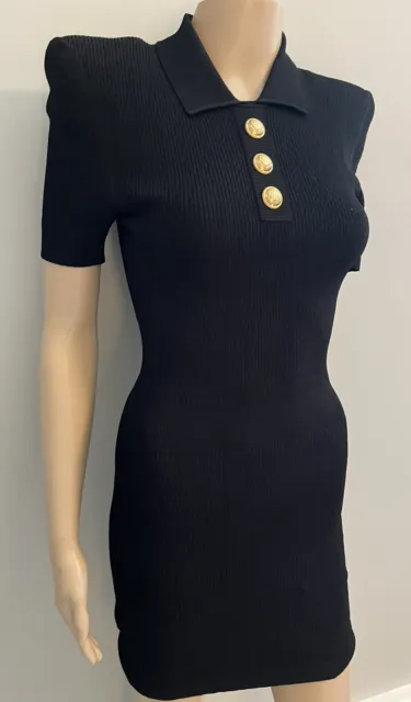 Balmain Black Knit Collared logo button Short Sleeve dress SM/med
