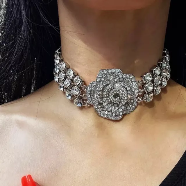 Stonefans Rhinestone Silver Rose Flower Choker Necklace Jewelry for Women