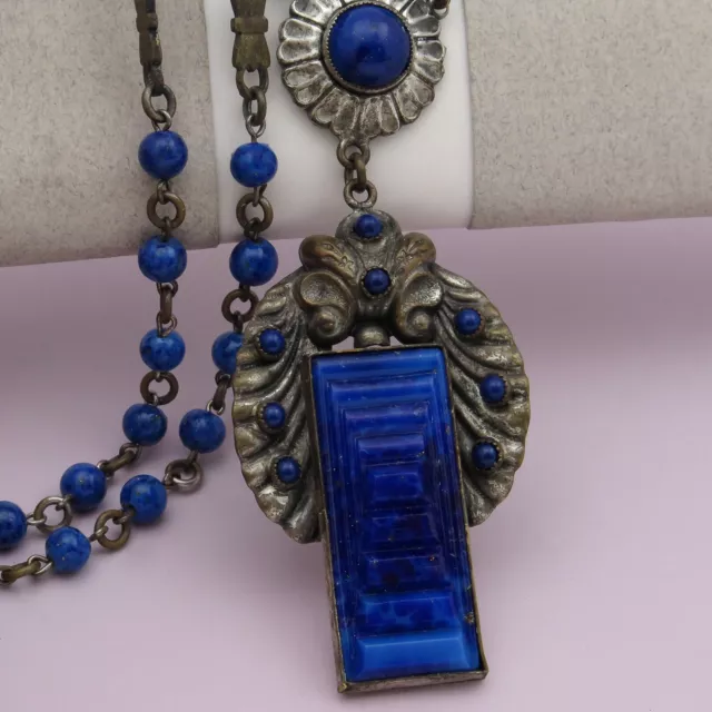 Vtg 1930s Art Deco Czech Blue Geometric Step Glass Pendant Necklace