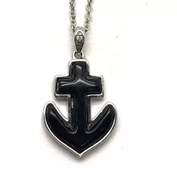 Sterling Silver 925 Black Enamel Nautical Sailor Anchor Dotted CZ Bail Necklace