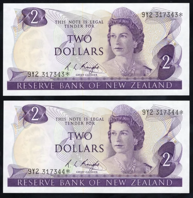 1975-7 NEW ZEALAND 2 DOLLARS BANKNOTES - UNC CONSEC PAIR - *STAR NOTES* - P164c