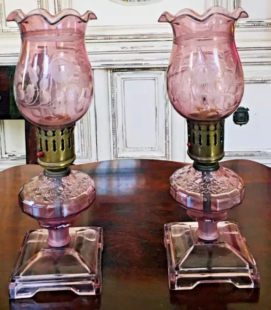 Vintage Pair Pink Etched Flowers Glass Hurricane / Boudoir Lamps 3