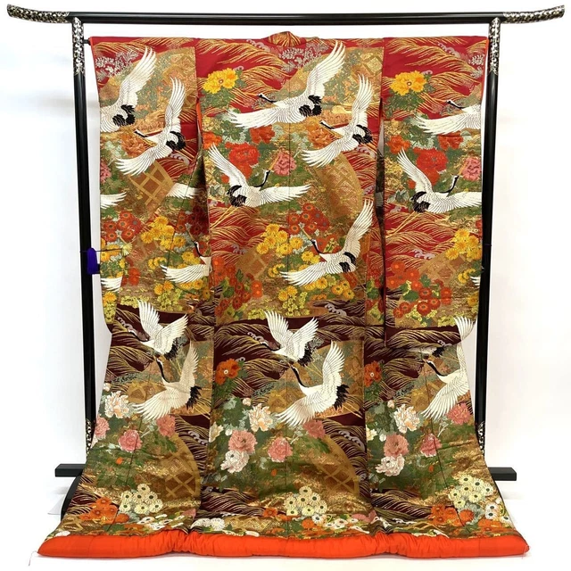 Japanese Kimono Uchikake Luxurious Wedding Embroidery Pure Silk Crane Red K456