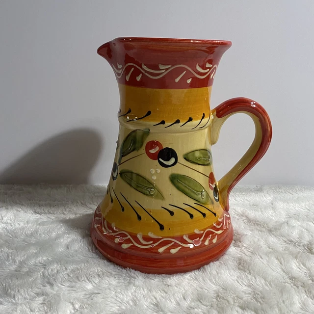 Vintage Spain Pottery Handmade Pitcher Hand Painted Floral Signed