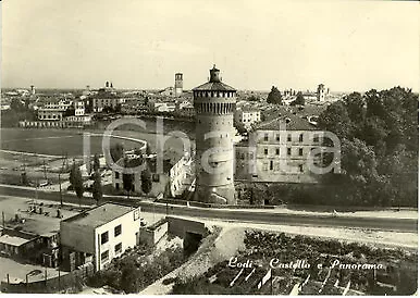 1959 LODI Castello e panorama dall'alto con stazione MOBIL *Cartolina FG VG