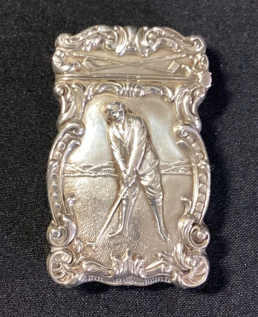 Antique Sterling Silver High Relief Golfer and Gold Clubs Match Safe Cool! Antique Sterling Silver High Relief Golfer and Gold Clubs Match Safe Cool!