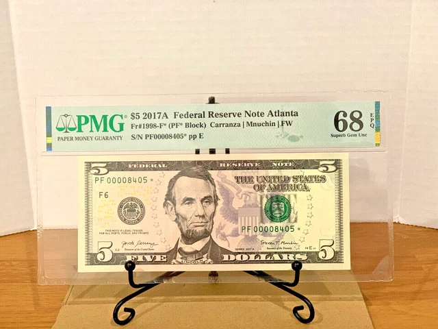2017-A $5 Federal Reserve Note PMG 68EPQ LOW 4 DIGIT *Star* Serial #PF00008405*