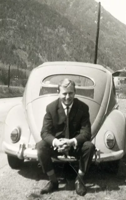 VW BEETLE BUG, elegant man on VOLKSWAGEN old classic car, Vintage fine art Photo