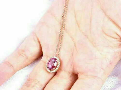 1.35CT Pink Tourmaline Halo Pendant Necklace 14K Rose Gold Over with 18" Chain