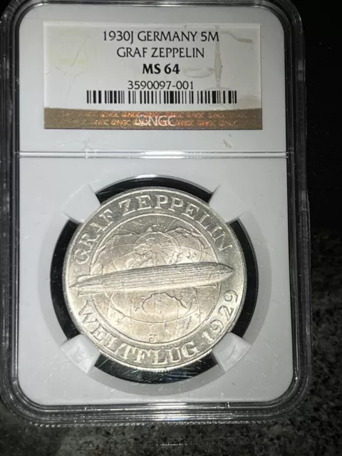 Weimar Republic 5 reichsmark 1930 J, NGC MS64, "Flight of the Graf Zeppelin"