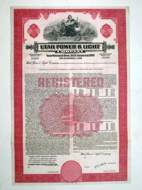 UT. Utah Power & Light Co., 1930-40s. Registered Specimen 3 3/4% Bond, VF-XF ABN