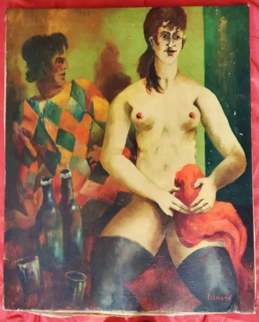 Extraordinaire grande huile fauve par Emile Tilmans " Arlequin et femme nue "