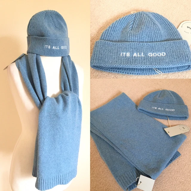 Abbigliamento Folk Nuovo Con Etichette Pagoda Blu Miscela Lana Riciclata Berretto & Sciarpa Imballo Originale £85