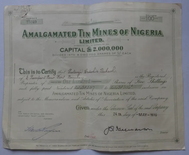 Nigeria AMALGATED TIN MINES OF NIGERIA 1939 share certificate