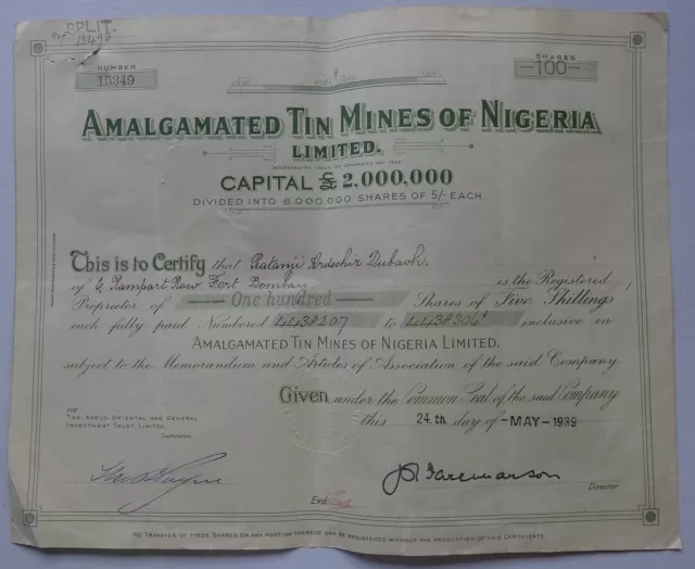 Nigeria AMALGATED TIN MINES OF NIGERIA 1939 share certificate