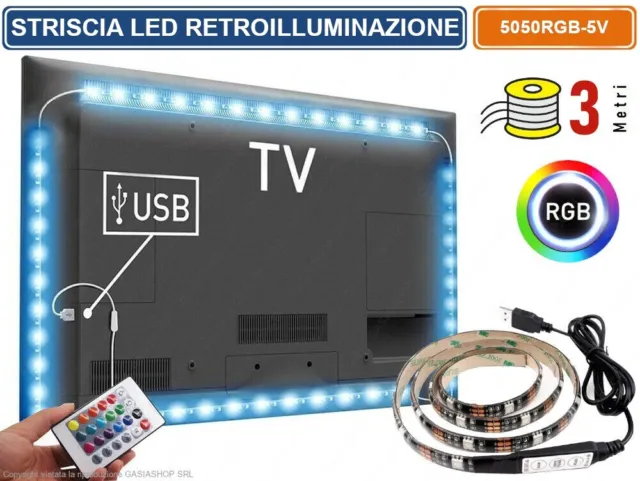 Striscia Led Per Retroilluminazione Tv E Monitor Rgb Smd 5050 3 Metri Usb Dc-5V