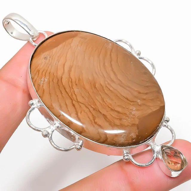 Picture Jasper, Morganite Gemstone 925 Sterling Silver Jewelry Pendant 3.35"