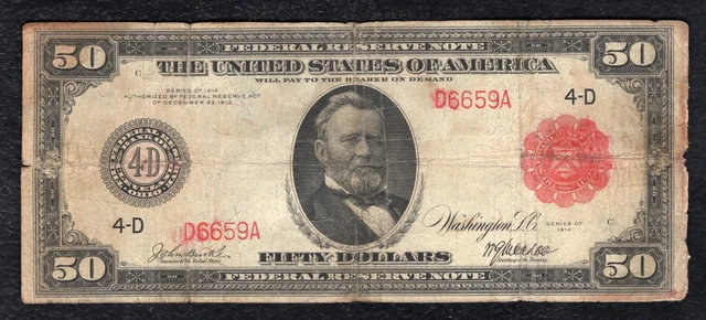 FR. 1015a 1914 $50 RED SEAL FRN FEDERAL RESERVE NOTE CLEVELAND, OH *RARE* FR. 1015a 1914 $50 RED SEAL FRN FEDERAL RESERVE NOTE CLEVELAND, OH *RARE*