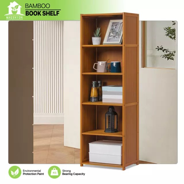 16" Bamboo 5-Tier [ADJUSTABLE SHELVES] Open Shelving Book Organizer Storage Rack