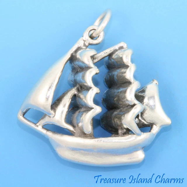 Heavy Pirate Ship Sail Boat 3D 925 Solid Sterling Silver Charm Sailboat Sailship