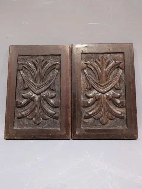 Pair Oak Hand Carved Panels Neoclassical 18th Century Reclaimed Architectural