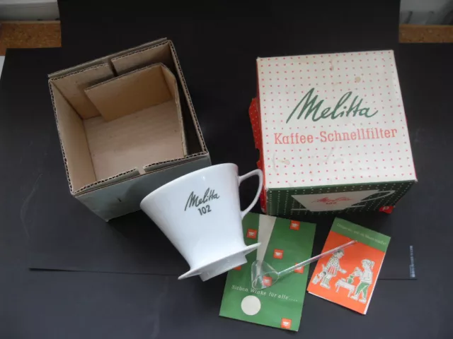 60er Jahre Melitta Minden Kaffeefilter 102 Weiß  Petrol OVP + Zubehör Drei Loch