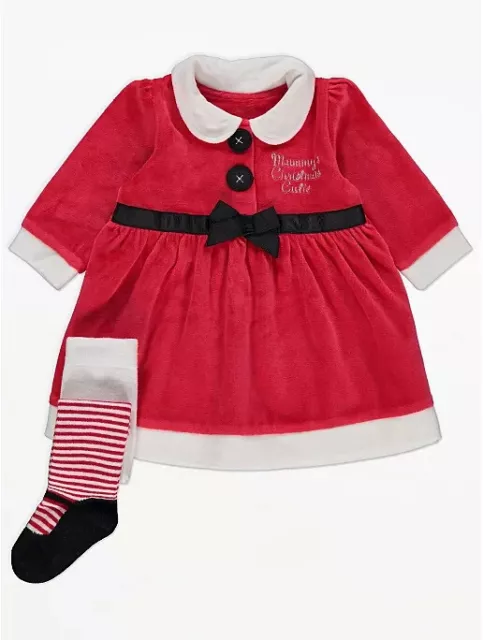 Baby Girls Christmas Dress Tights  Outfit GEORGE Velour Santa Long Sleeve 9-12 M