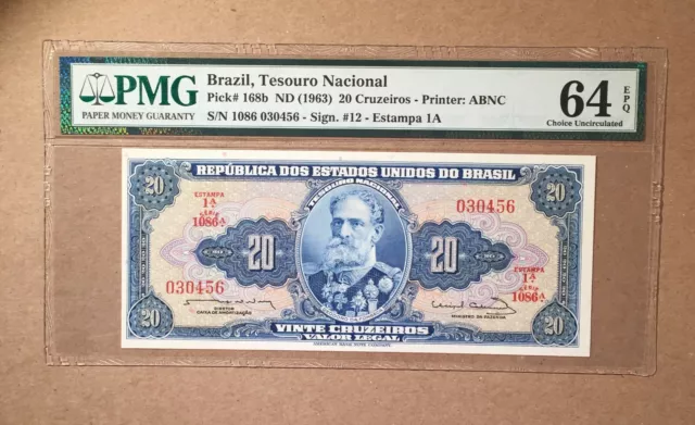 BRAZIL 20 CRUZEIROS 1963 P168b BRASIL REPUBLICA SHARP 3833# BANKNOTE MONEY