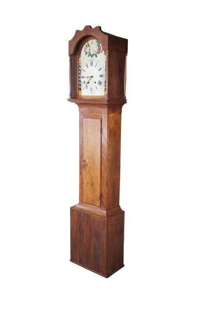 Antique 19th C. Early American Cherry Tall Case Grandfather Clock Painted Face