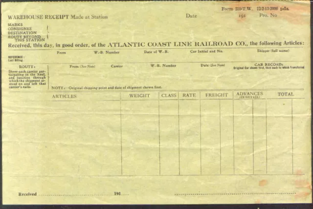 Atlantic Coast Line Railroad Warehouse Receipt 1914