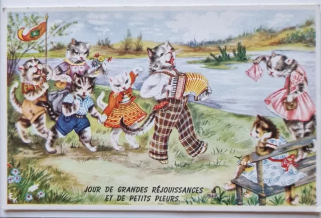 Vintage Tarjeta Postal Dibujo Gatos Vestida En Ropa Grandes Rejouissances