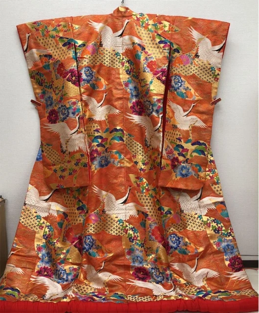 Japanese Pure Silk Kimono Robe Uchikake for Wedding Orange & Gold Crane Gorgeous