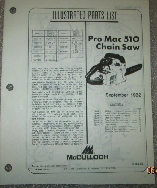 McCulloch Spare Parts for Electric Chain Saw PowerMac Plus 1800