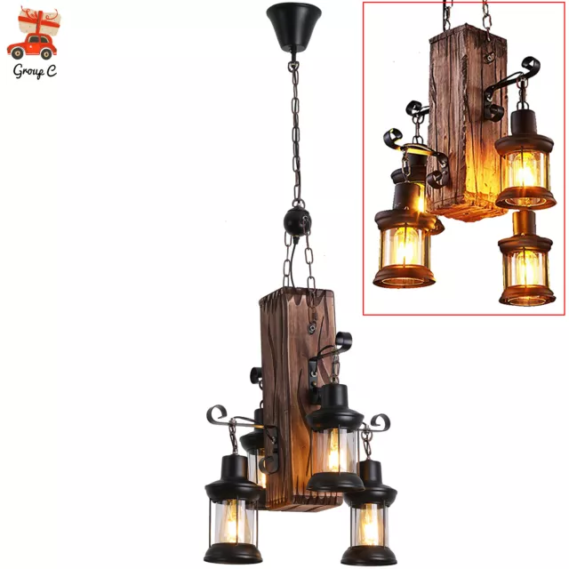 4-Light Retro Wood Chandelier Iron Ceiling Lamp Industrial Rustic Pendant Light